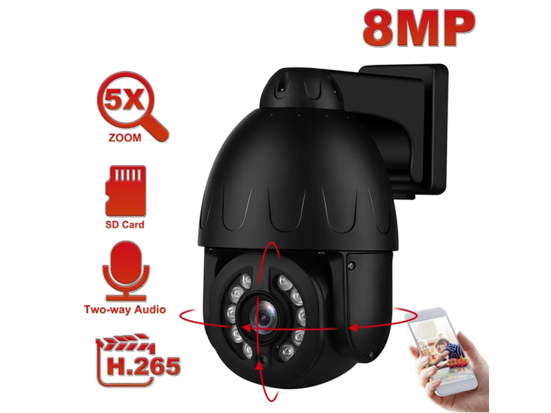SNO 8MP 4K Speed Mini Dome PTZ Camera 5X Zoom Outdoor Security Two-way Audio With SD Card Slot Star Light IR 40m H.265