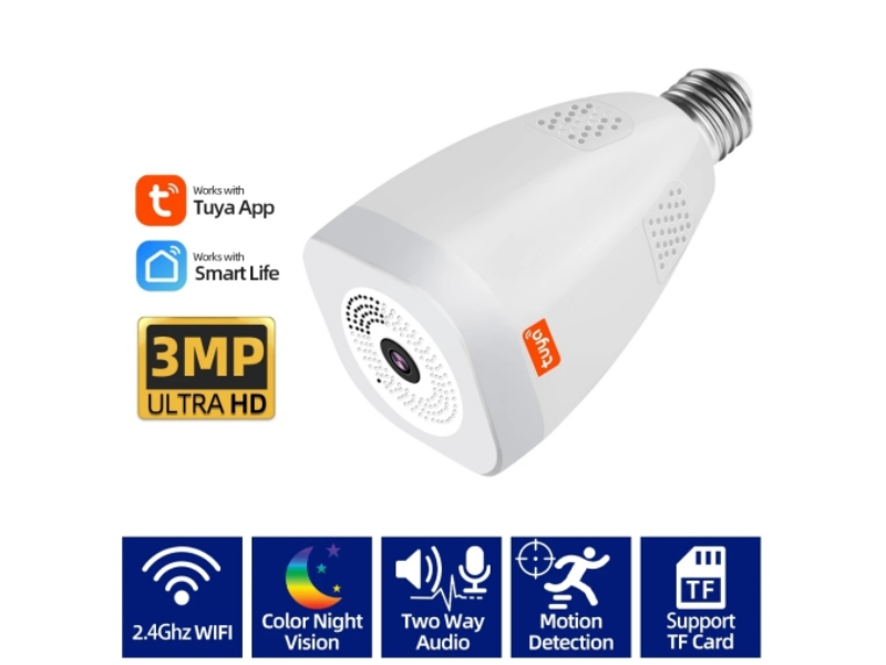 3MP Tuya Smart Home H.265 Wifi Camera 360 Panaramic Two Way Audio Bulb Fisheye Night Vision Camera for House Security Protection