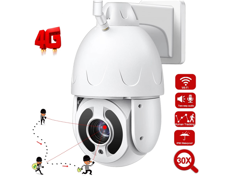 SNOSECURE Security 4G Lte 4K 8MP PTZ Camera Sim 30X Zoom Auto Tracking Color Night Vision 2way Audio Outdoor 8MP Wireless WiFi IP Camera