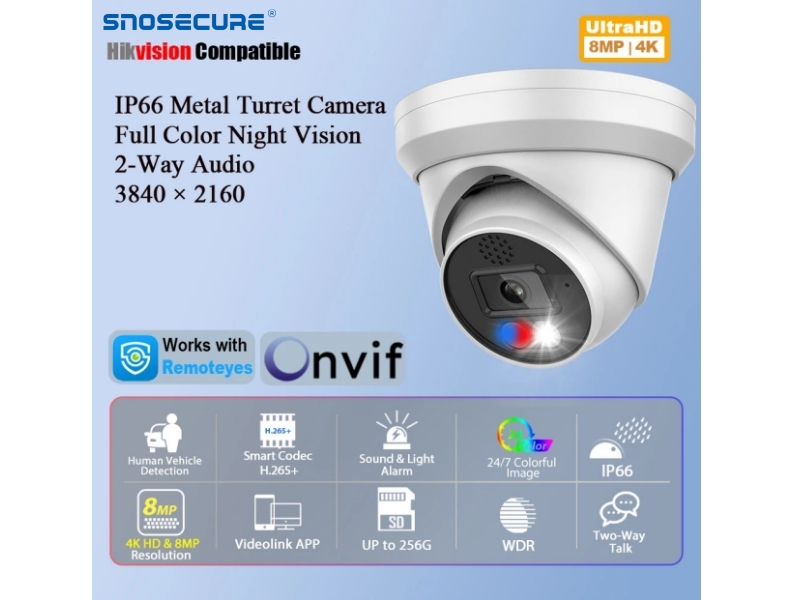 SNOSECURE 4K 8MP Alarm Full Color IP Camera 2-Way Audio Human Car Detection Outdoor Video Surveillance Security POE Camera Onvif